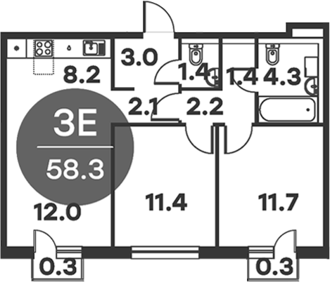Планировка — Равновесие, 3-комн., 58 м²