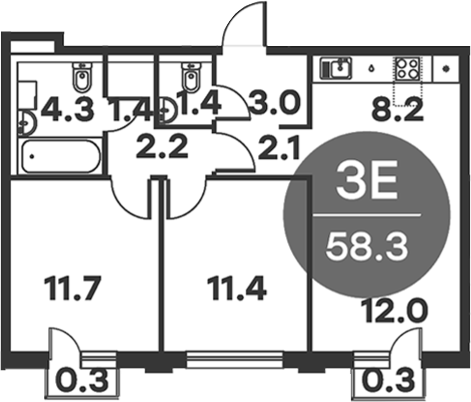 Планировка — Равновесие, 3-комн., 58 м²