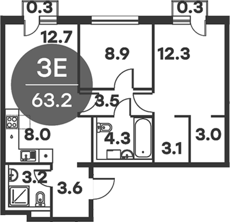 Планировка — Равновесие, 3-комн., 63 м²