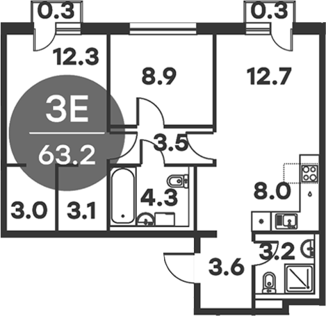 Планировка — Равновесие, 3-комн., 63 м²