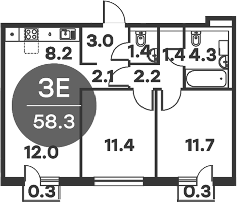 Планировка — Равновесие, 3-комн., 58 м²