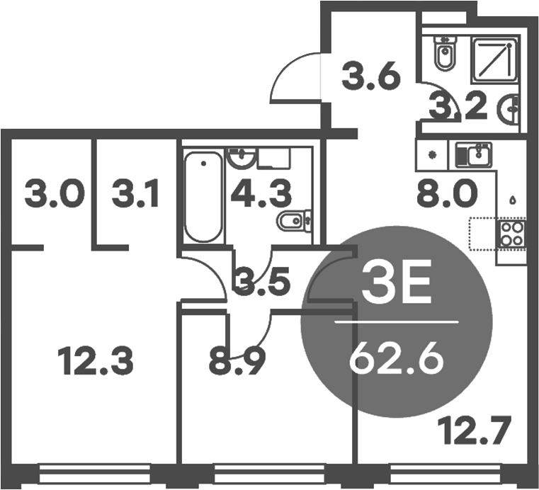 Планировка — Равновесие, 3-комн., 63 м²