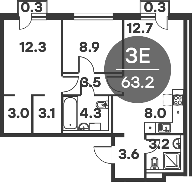 Планировка — Равновесие, 3-комн., 63 м²