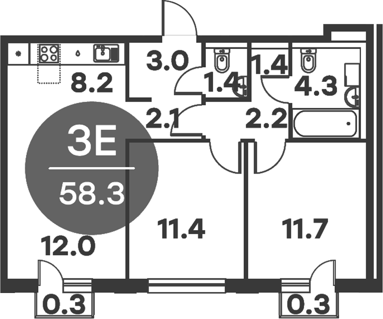 Планировка — Равновесие, 3-комн., 58 м²