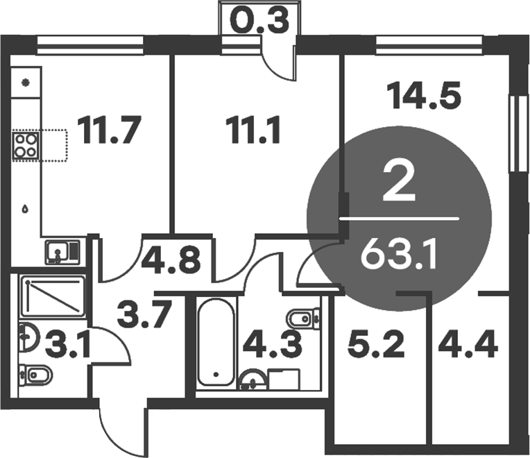 Планировка — Равновесие, 2-комн., 63 м²