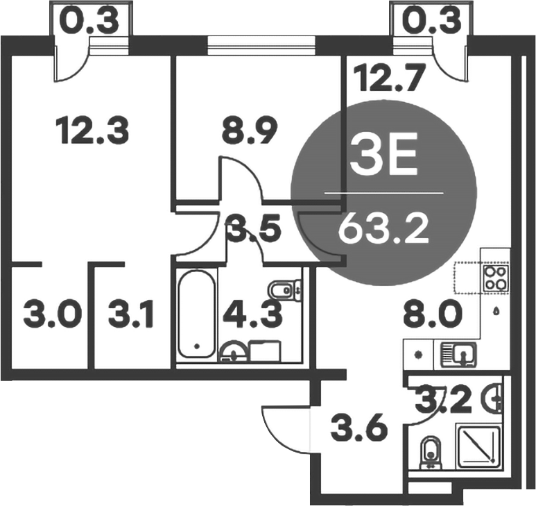 Планировка — Равновесие, 3-комн., 63 м²