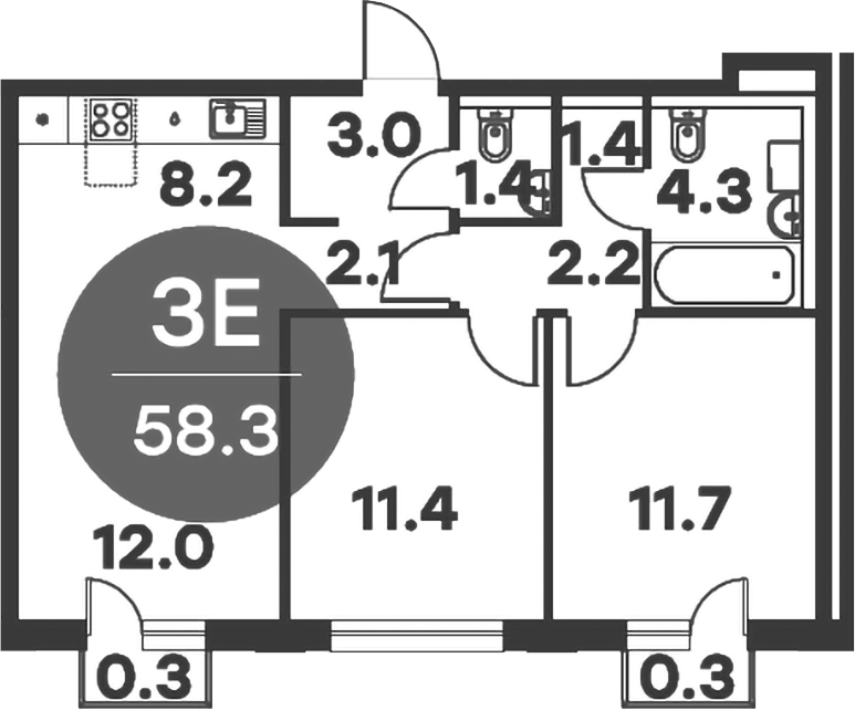 Планировка — Равновесие, 3-комн., 58 м²