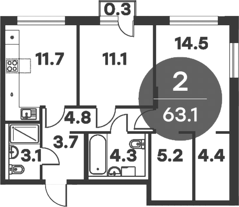 Планировка — Равновесие, 2-комн., 63 м²