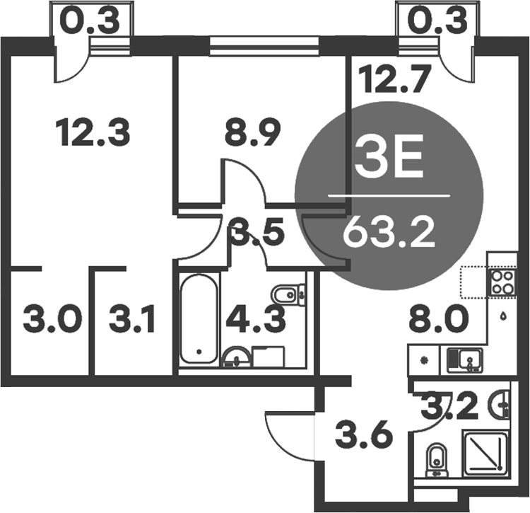 Планировка — Равновесие, 3-комн., 63 м²