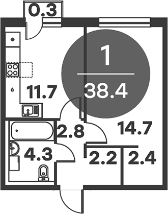 Планировка — Равновесие, 1-комн., 38 м²