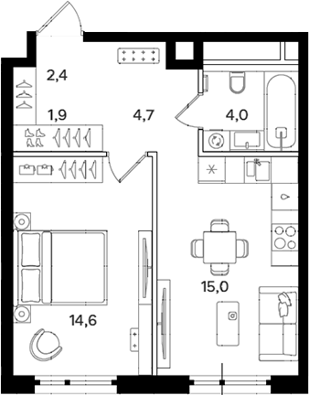 Планировка — Мангазея на Речном, 1-комн., 43 м²
