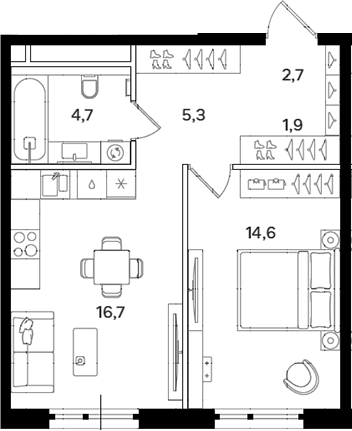 Планировка — Мангазея на Речном, 1-комн., 46 м²