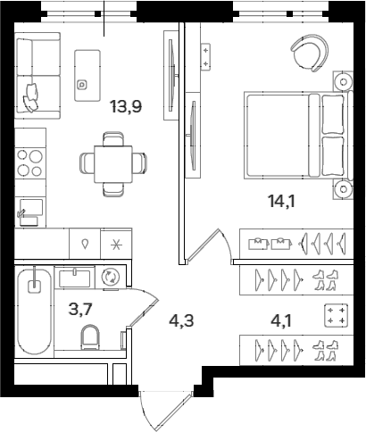Планировка — Мангазея на Речном, 1-комн., 40 м²