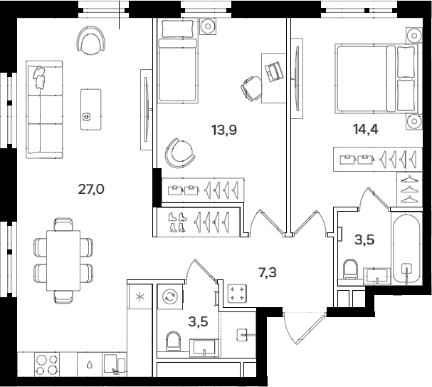 Планировка — Мангазея на Речном, 2-комн., 70 м²