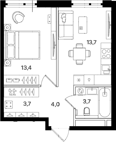 Планировка — Мангазея на Речном, 1-комн., 39 м²