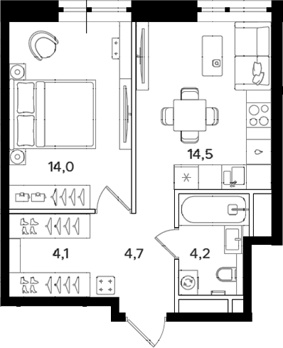 Планировка — Мангазея на Речном, 1-комн., 42 м²