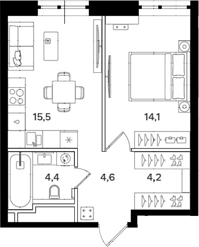 Планировка — Мангазея на Речном, 1-комн., 43 м²