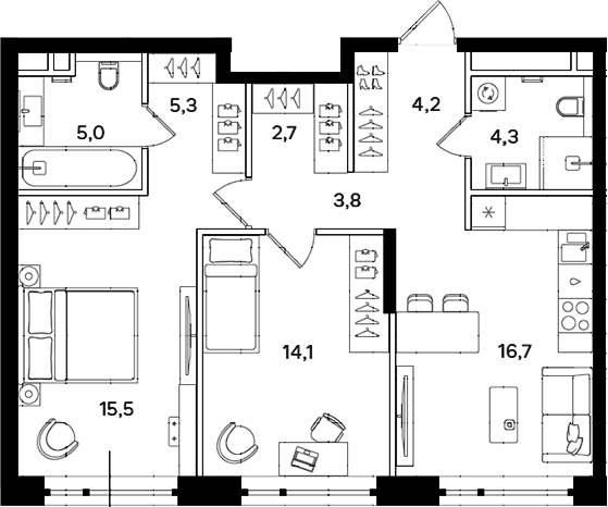Планировка — Мангазея на Речном, 2-комн., 72 м²