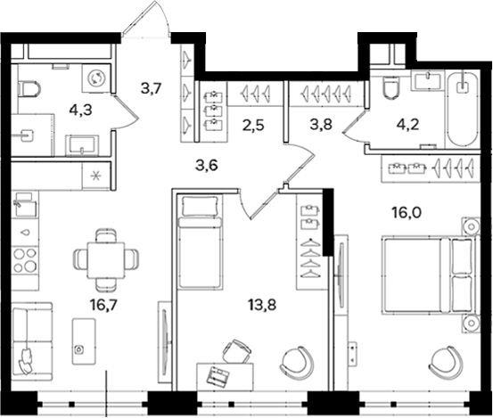 Планировка — Мангазея на Речном, 2-комн., 69 м²