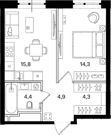Планировка — Мангазея на Речном, 1-комн., 44 м²
