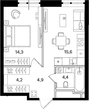 Планировка — Мангазея на Речном, 1-комн., 43 м²