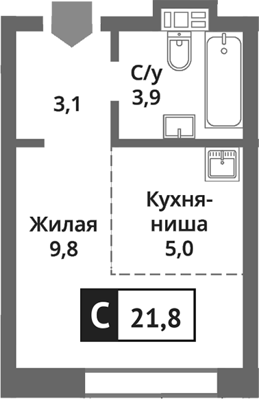 Планировка — Никольский квартал Отрада, Студия, 22 м²