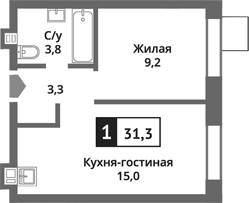 Планировка — Никольский квартал Отрада, 2-комн., 31 м²