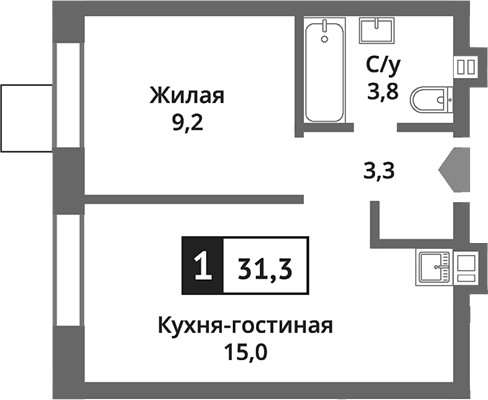 Планировка — Никольский квартал Отрада, 2-комн., 31 м²