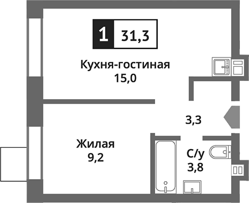 Планировка — Никольский квартал Отрада, 2-комн., 31 м²