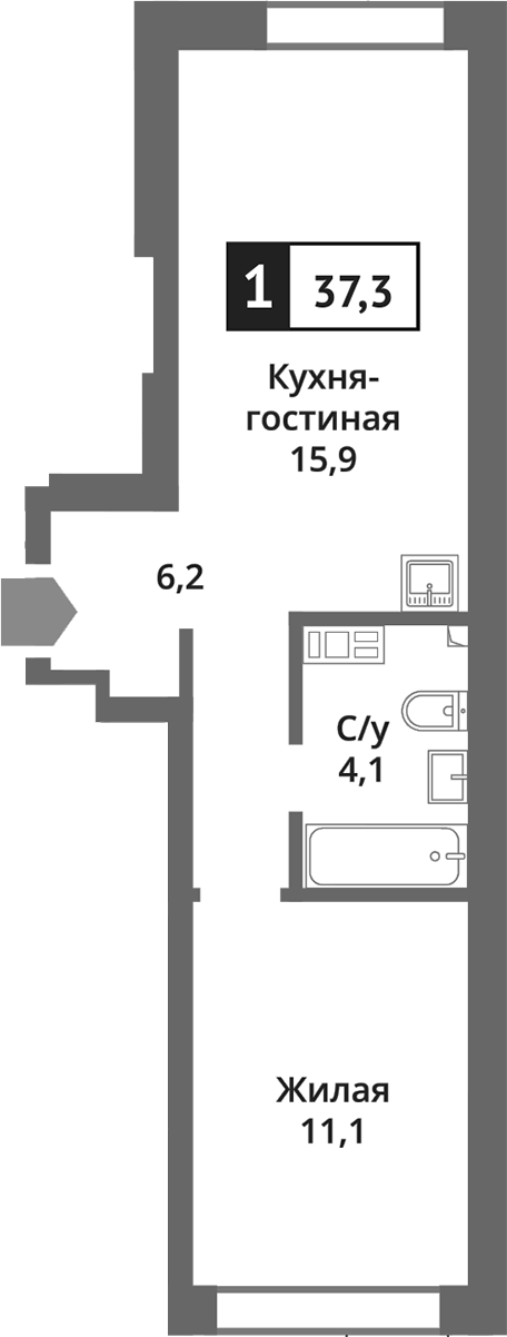 Планировка — Никольский квартал Отрада, 2-комн., 37 м²