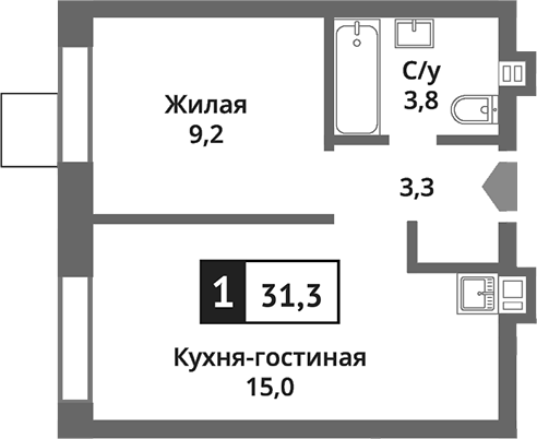 Планировка — Никольский квартал Отрада, 2-комн., 31 м²
