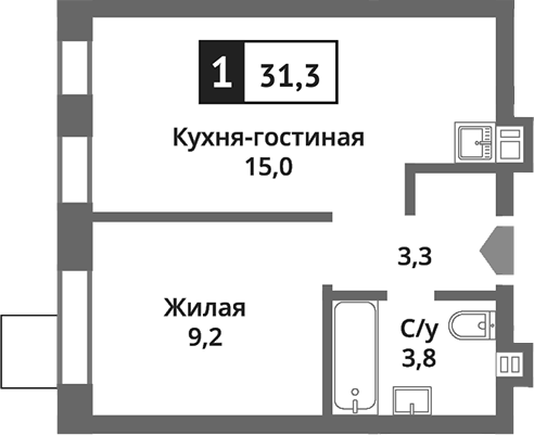 Планировка — Никольский квартал Отрада, 2-комн., 31 м²