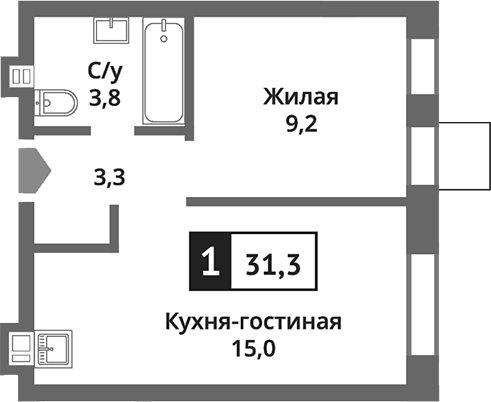 Планировка — Никольский квартал Отрада, 2-комн., 31 м²
