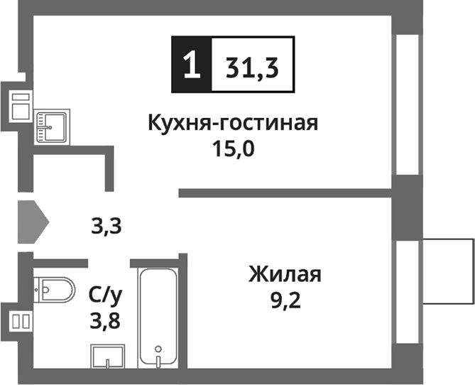 Планировка — Никольский квартал Отрада, 2-комн., 31 м²
