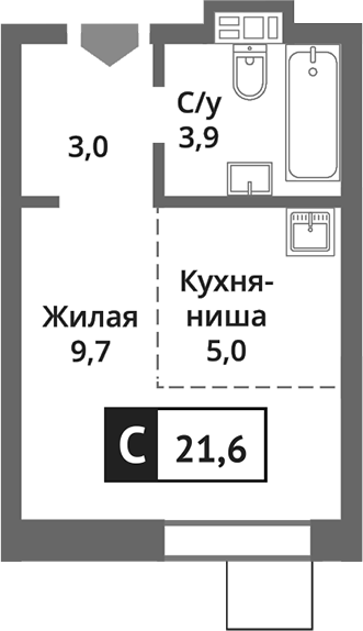 Планировка — Никольский квартал Отрада, Студия, 22 м²