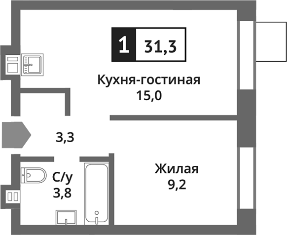 Планировка — Никольский квартал Отрада, 2-комн., 31 м²
