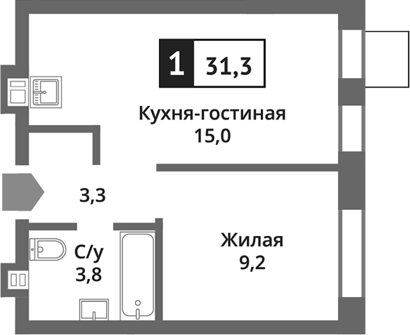 Планировка — Никольский квартал Отрада, 2-комн., 31 м²