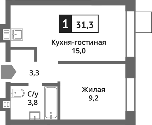 Планировка — Никольский квартал Отрада, 2-комн., 31 м²