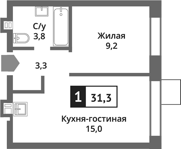 Планировка — Никольский квартал Отрада, 2-комн., 31 м²