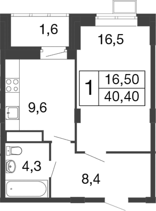Планировка — Времена года, 1-комн., 39 м²