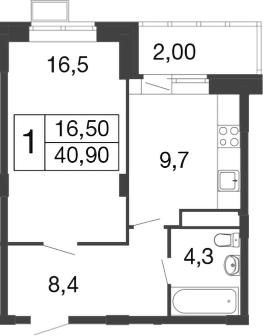 Планировка — Времена года, 1-комн., 39 м²