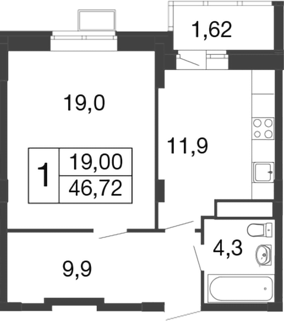 Планировка — Времена года, 1-комн., 45 м²