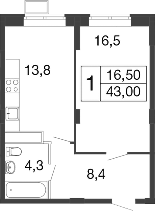 Планировка — Времена года, 1-комн., 43 м²