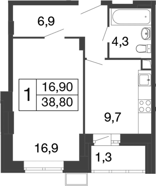 Планировка — Времена года, 1-комн., 38 м²