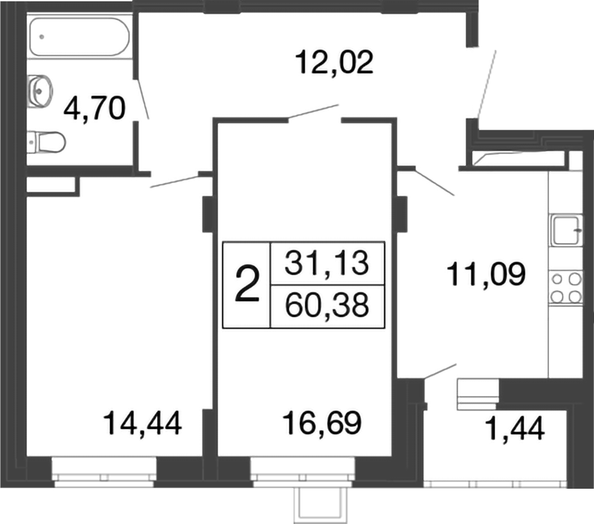 Планировка — Времена года, 2-комн., 59 м²