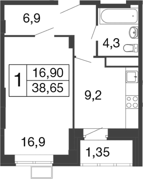 Планировка — Времена года, 1-комн., 37 м²