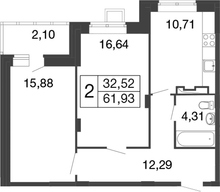 Планировка — Времена года, 2-комн., 60 м²