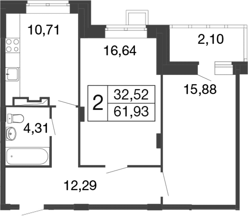 Планировка — Времена года, 2-комн., 60 м²