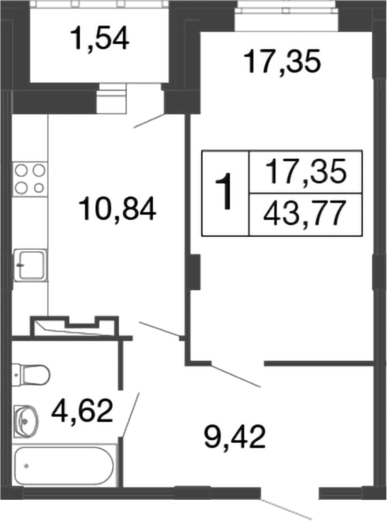 Планировка — Времена года, 1-комн., 42 м²