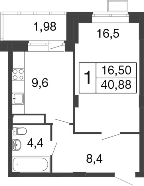 Планировка — Времена года, 1-комн., 39 м²